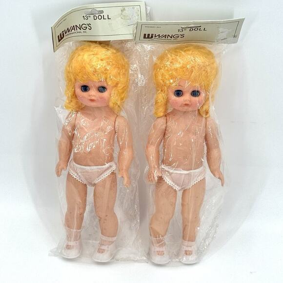 2 Vintage Wangs Plastic Crafting Dolls 13” Vinyl Blonde Hair Blue Sleepy Eyes - Picture 1 of 9